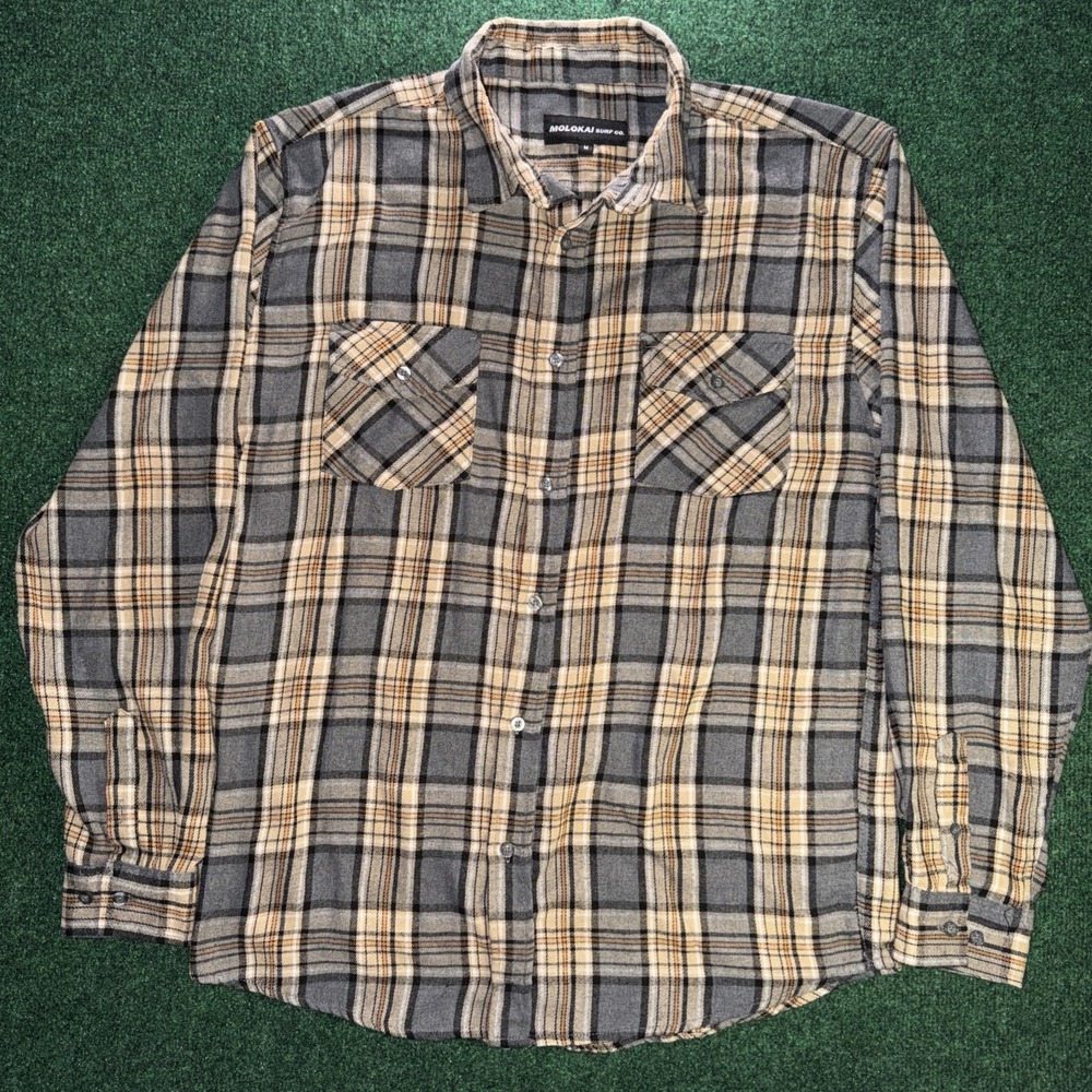 Molokai Surf Co Flannel Button Down Men's Size Medium Gray&Brown